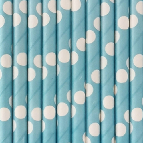 Canudo de papel Azul Claro e Branco Bolinhas C/10