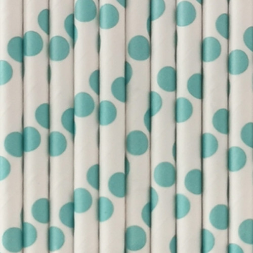Canudo de papel Branco e Azul Claro Bolinhas C/10