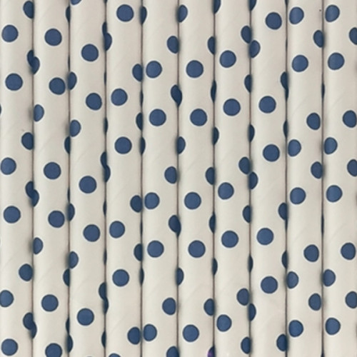 Canudo de papel Branco e Azul Bolinhas Poá C/10