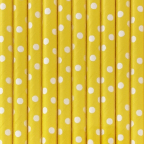 Canudo de papel Amarelo e Branco Bolinhas C/10