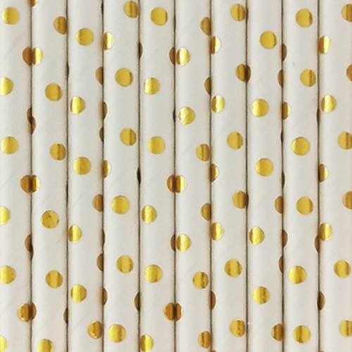 Canudo de papel Branco e Ouro Bolinhas C/10
