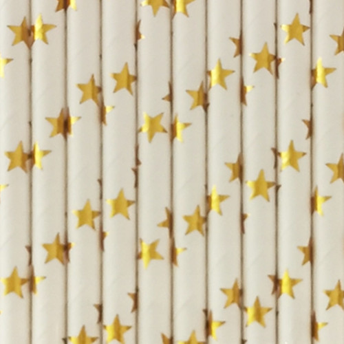 Canudo de papel Branco e Ouro Metálico Estrelinhas C/10