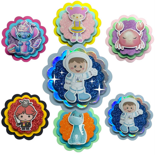 Kit tag 3D com glitter e aplique tema 7cm 10 unidades para montar qualquer tema