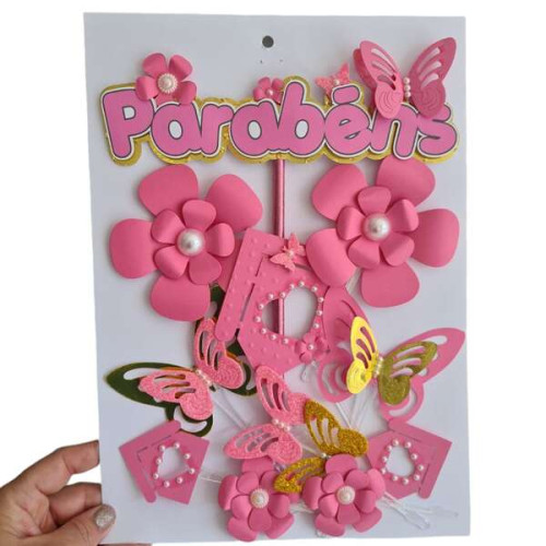 Topo de Bolo Jardim Rosa Chiclete com Dourado